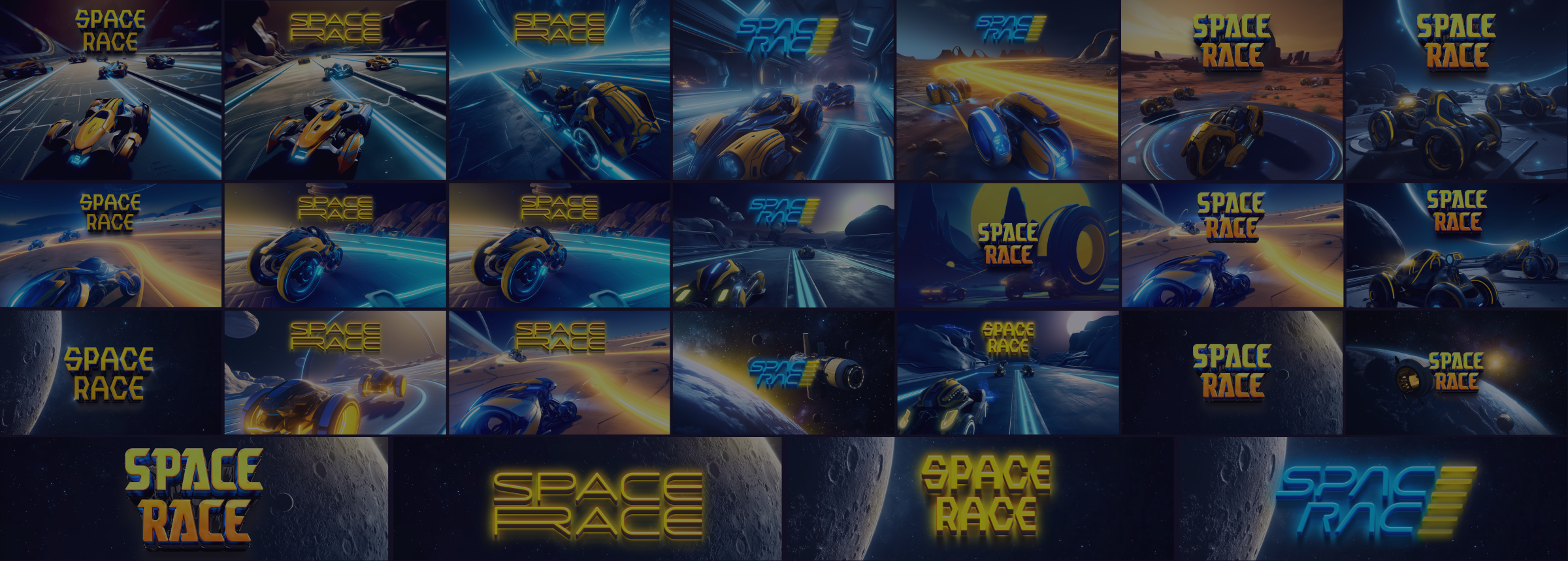 Dozens of AI-generated Space Race key-art scenes plus the logo lockups