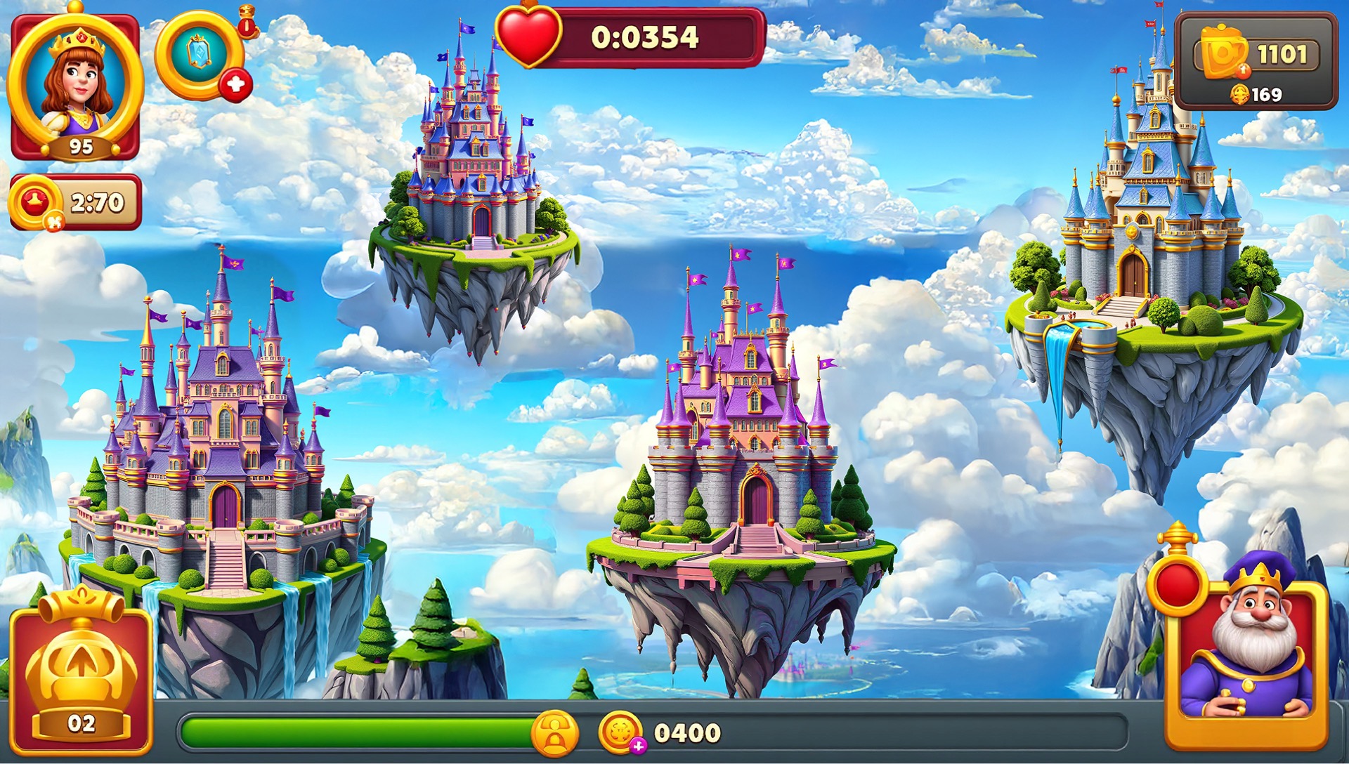 Royal Kingdom — the floating-castle level map with in-game HUD