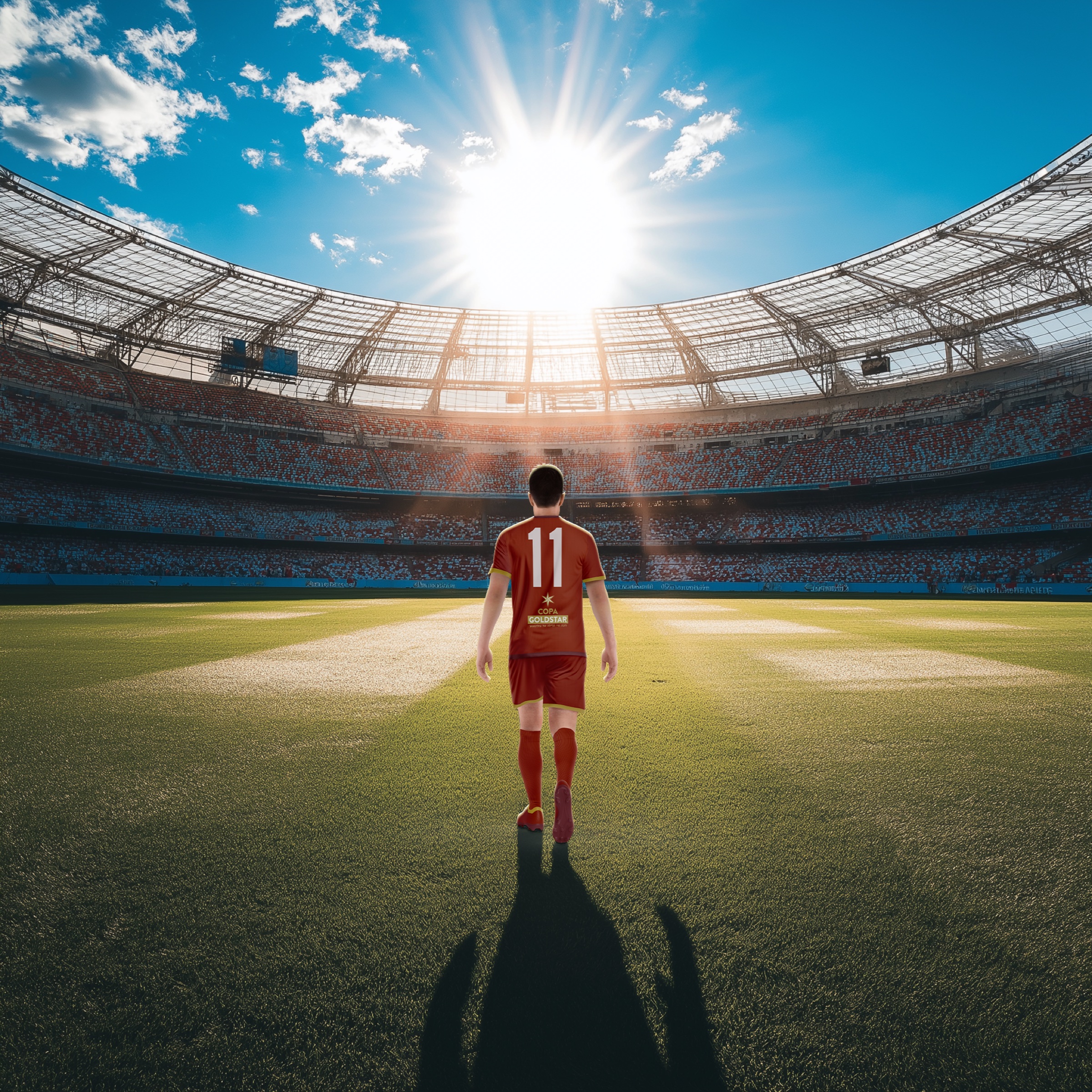 Player No. 11 walking onto a sunlit pitch