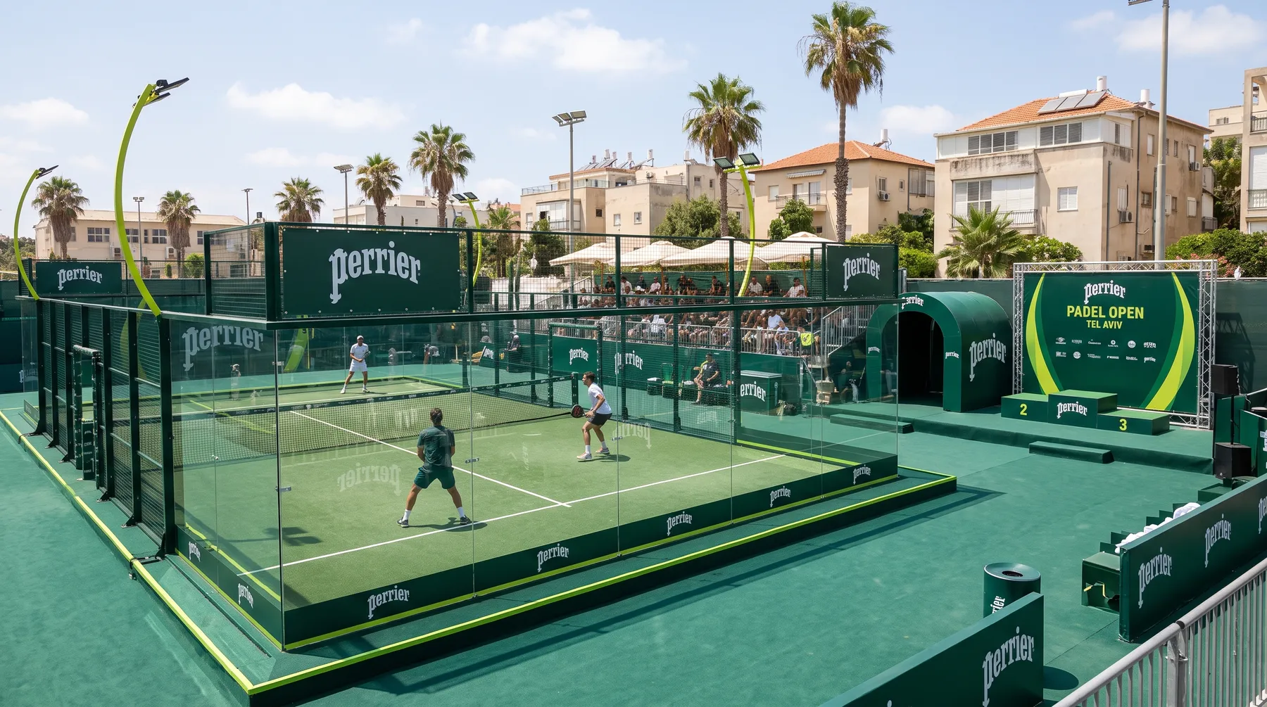 Wide AI visualization of the full Perrier padel court build with tunnel, grandstand and podium