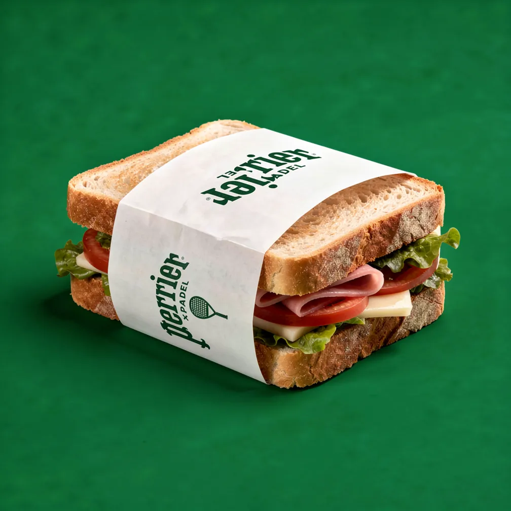 A sandwich wrapped in Perrier-branded paper