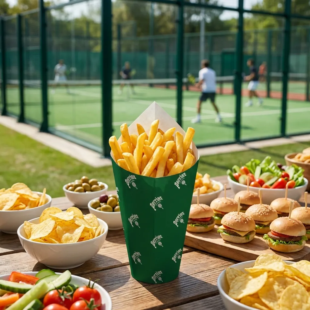 Perrier-branded fries cups and a slider spread