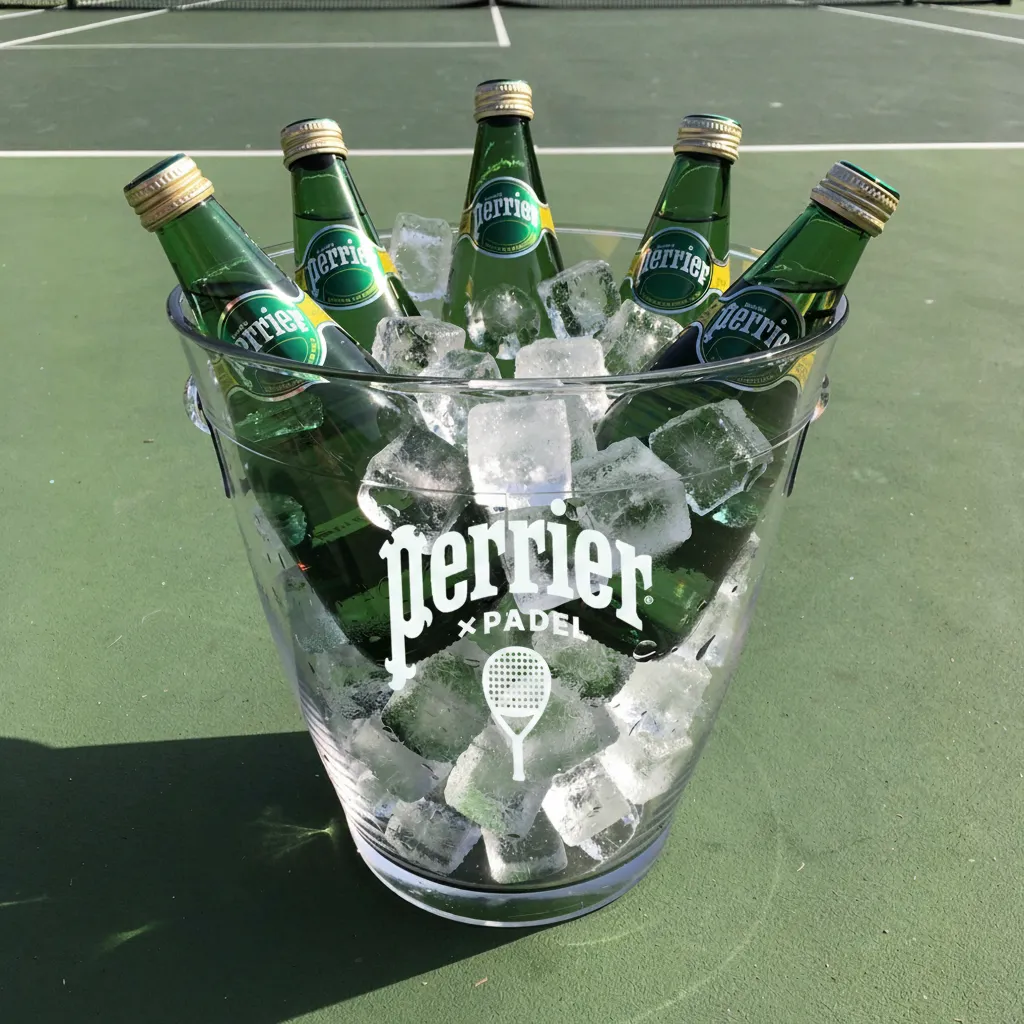 Perrier bottles on ice with a padel racket