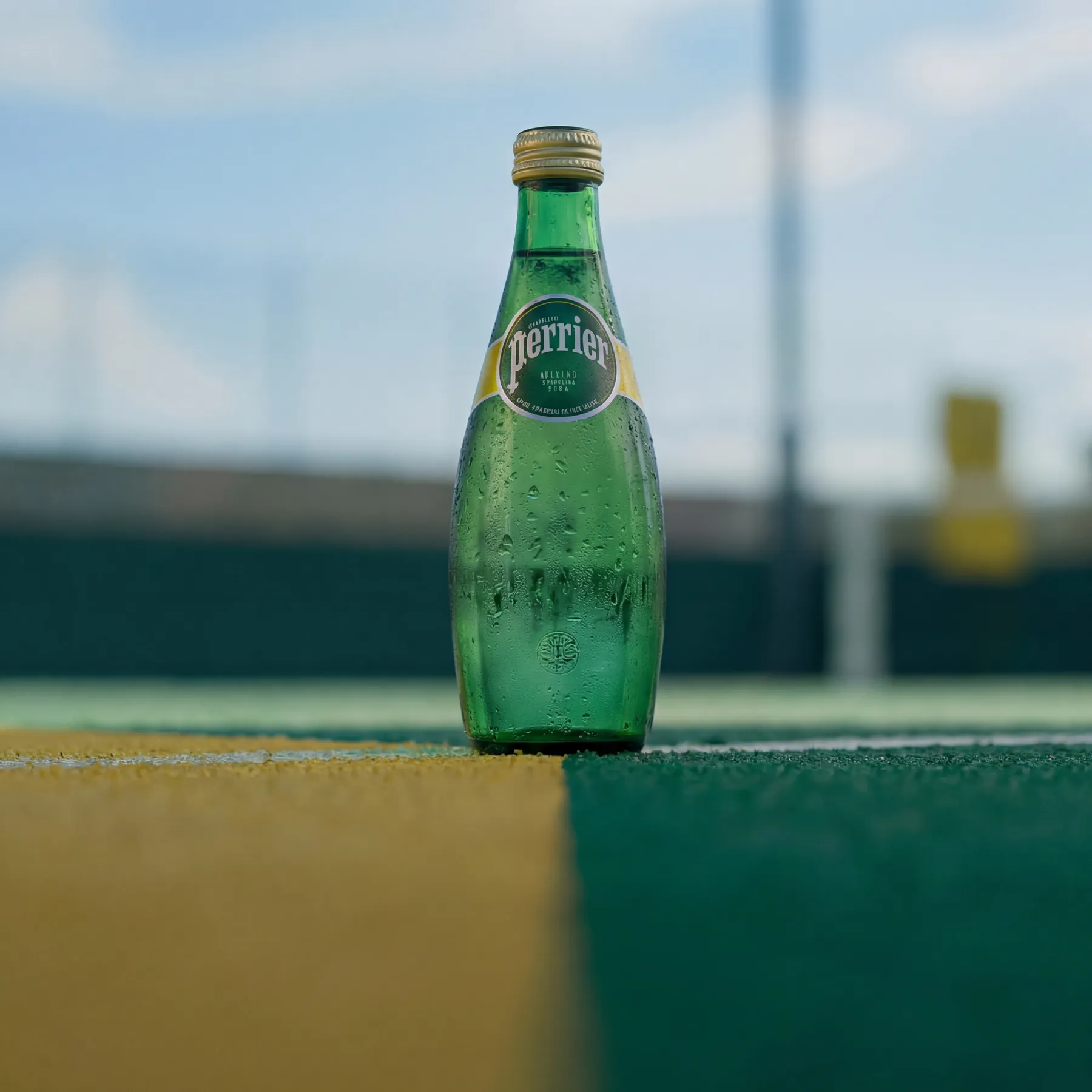 A Perrier bottle beside a branded paddle on the yellow-and-green court surface, AI-generated render