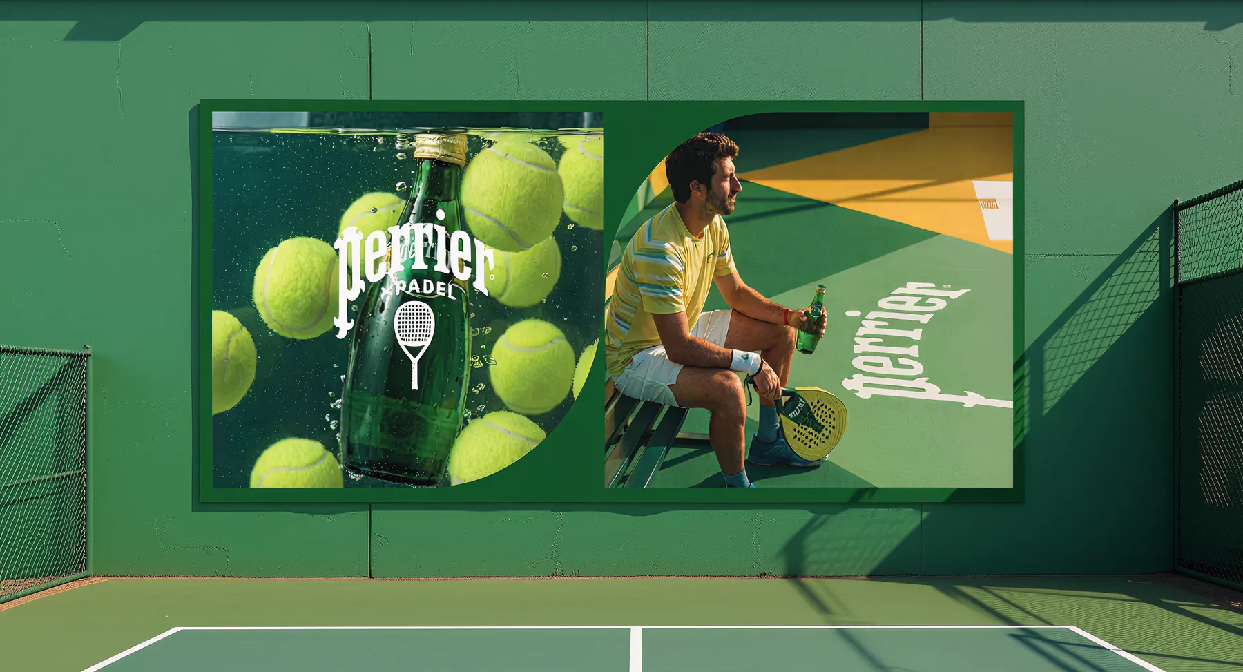 The Perrier × Padel court — a green branded backdrop wall covered in tennis-ball graphics