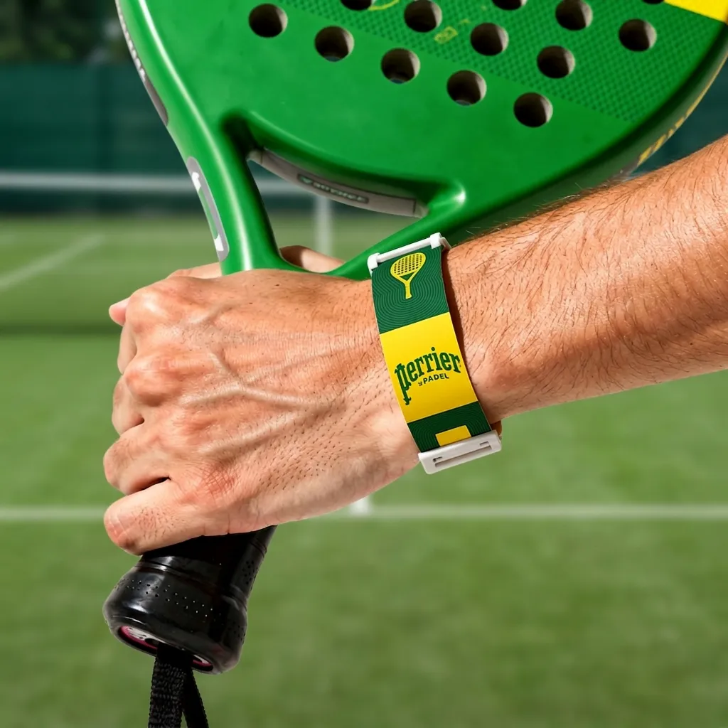 A Perrier-branded courtside scorer strapped to a player's wrist